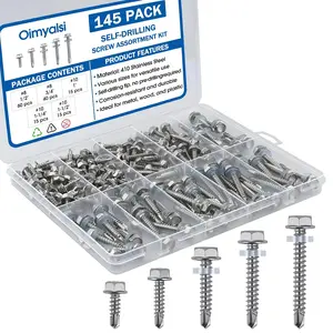 145 PCS Self Tapping Screws for Metal – 410 Stainless Steel Self Drilling Screws Kit, Multiple Sizes (#10 with Washers), Hex Head, Rust-Resistant for Wood, Plastic, Roofing, DIY Projects