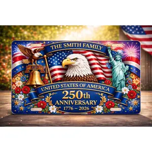 Personalized USA 250th Anniversary License Plate, Custom Family Name Eagle Fireworks Car Tag 1776–2026, Patriotic Gift for Independence Day and Veterans