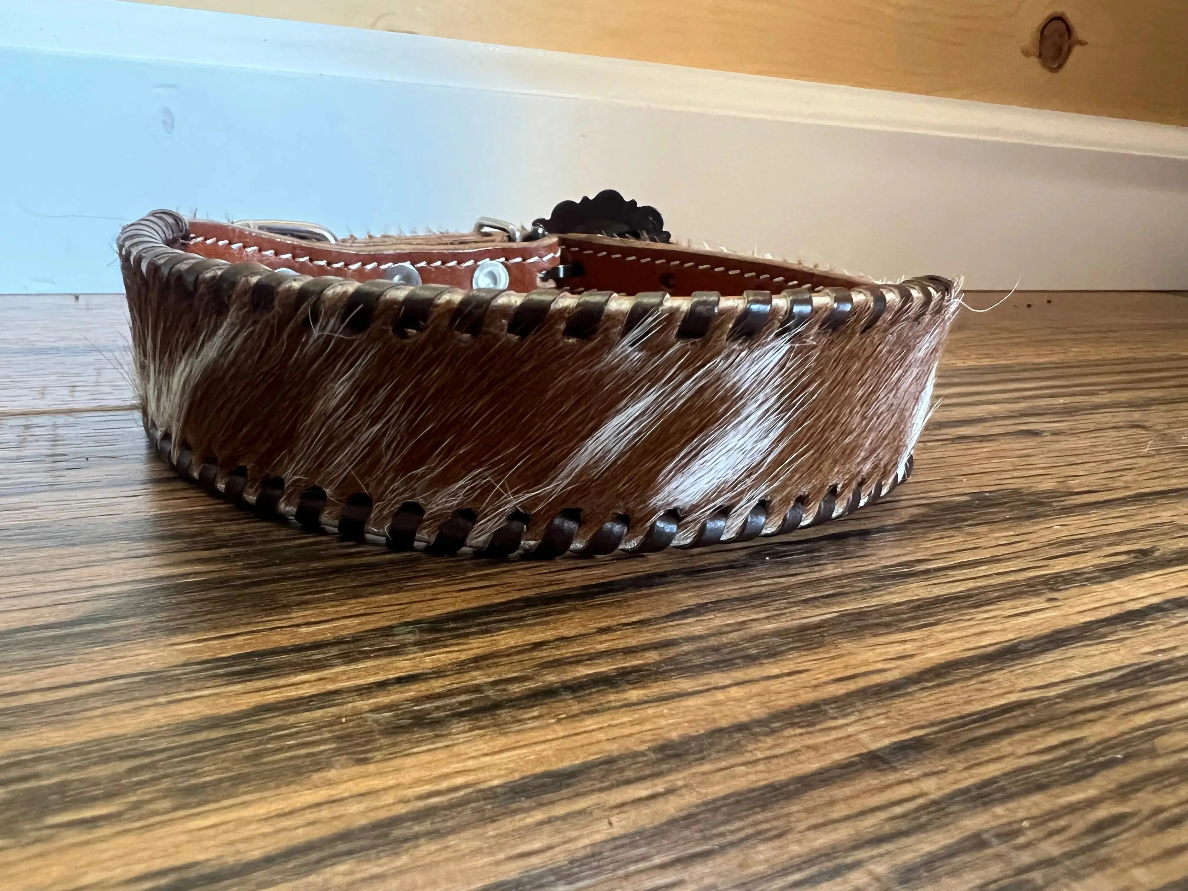 Leather dog collar with hair on cowhide with rawhide lacing Leather dog collar with hair on cowhide with rawhide lacing