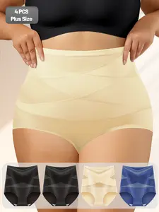 4PCS Plus Size Women’s High-Waist Tummy Control Panty Set, Soft, Stretchable, Breathable Shaping Brief Underwear, Cross Waistband Full-Coverage Lingerie for Daily Wear, Work, Travel, Sleep & Loungewear