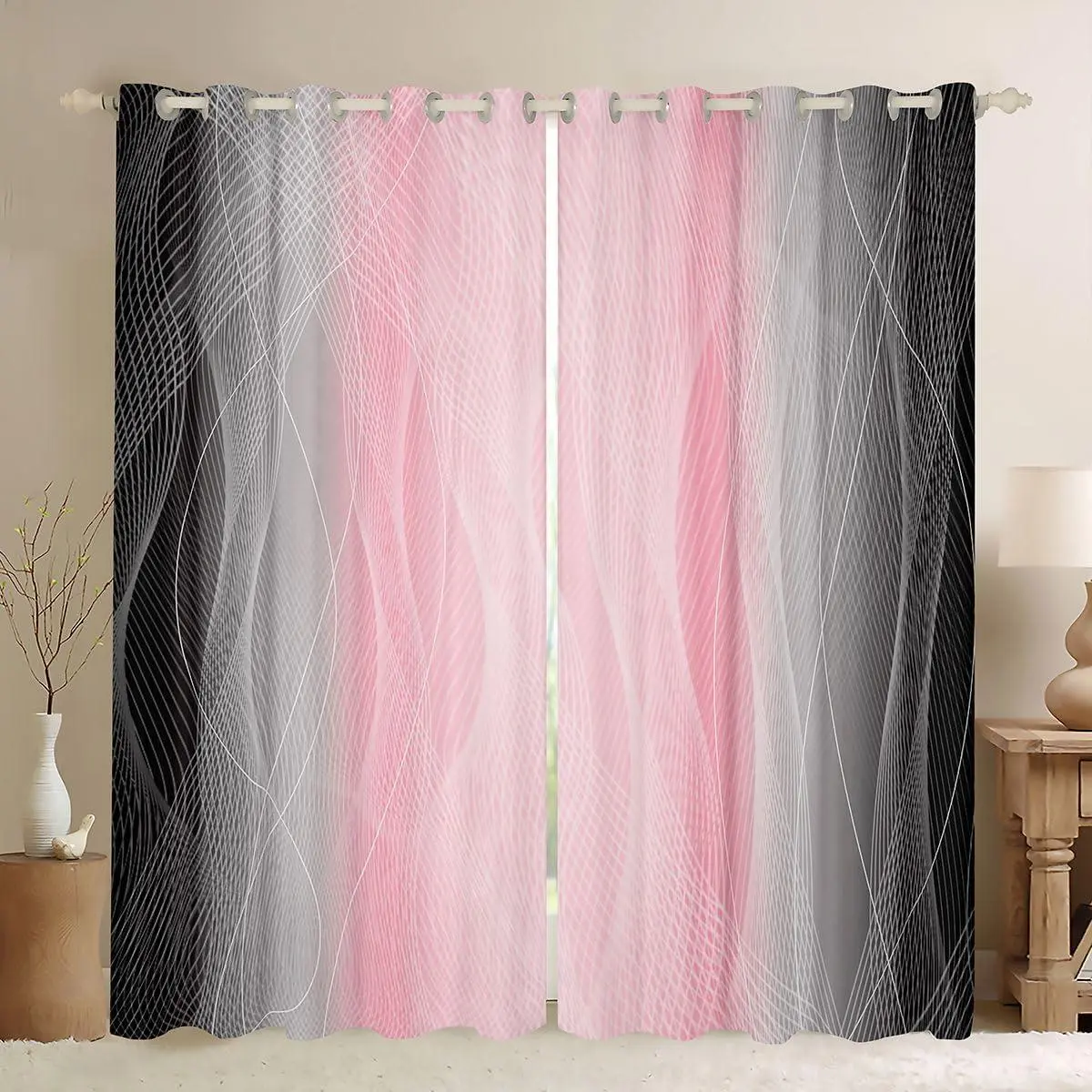 (2 Panels,Pink and Black Darkening Drapes Strip Lines Curtains Bedroom Living Room Women Men Ombre Printed Blackout Curtains Geometric Window Treatments
