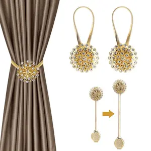 A Set of 4/2 Magnetic Curtain Tiebacks,Gold Crystal Flower Window Curtain Decorative No Drilling Drapery Holdbacks with High-Elastic Spring Wire for Home Office Decor,Halloween Party Gifts,Hand Tools Kits