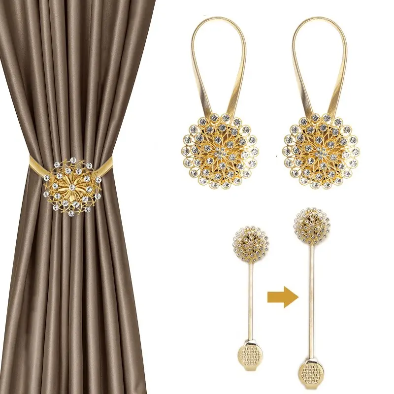 A Set of 4/2 Magnetic Curtain Tiebacks,Gold Crystal Flower Window Curtain Decorative No Drilling Drapery Holdbacks with High-Elastic Spring Wire for Home Office Decor,Halloween Party Gifts,Hand Tools Kits