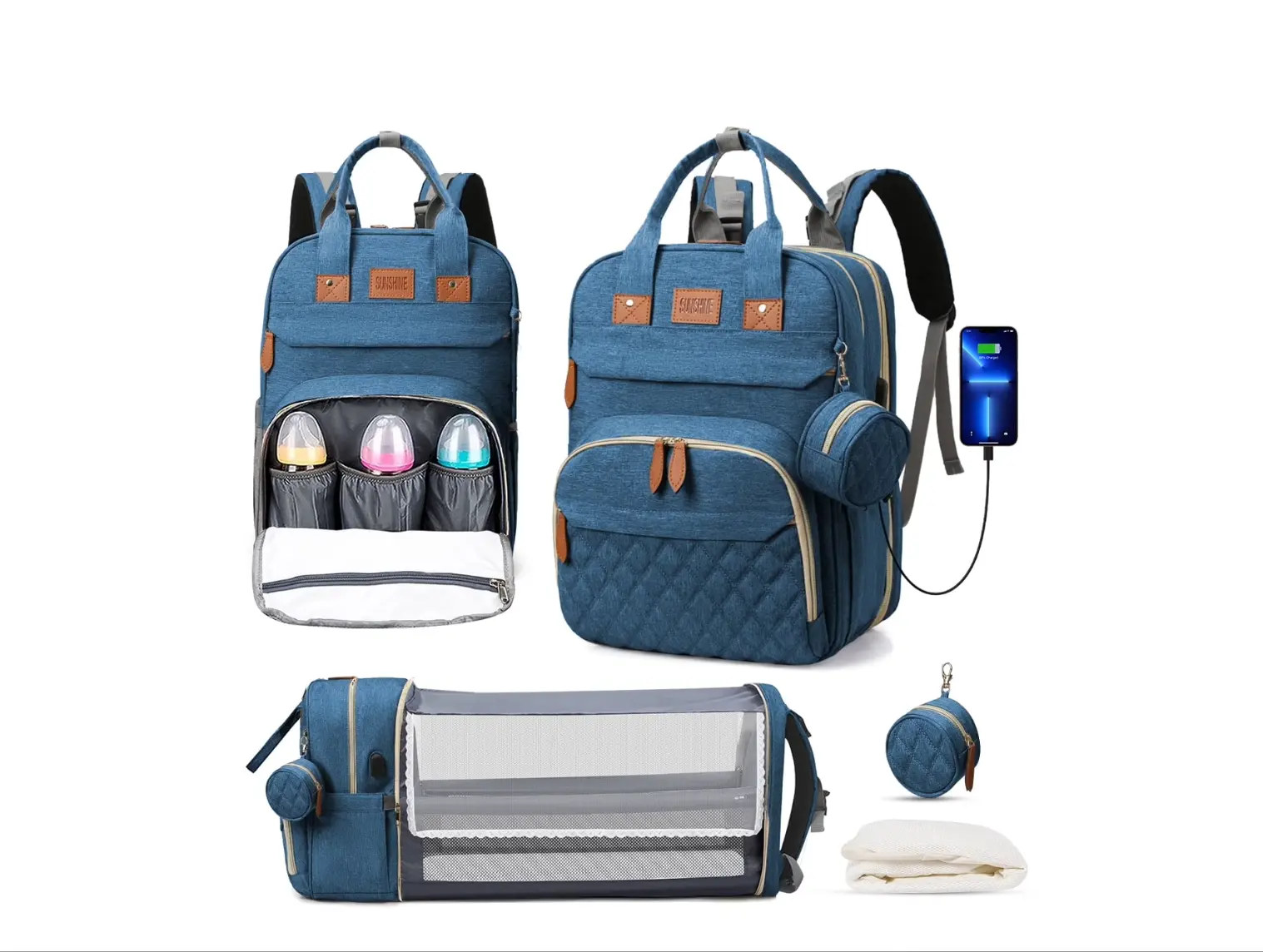 Diaper Bag Backpack, Multifunction Diaper Bag Backpack With Changing Station, USB Charging Port & Foldable Crib, Large Capacity Travel Backpack w/Sunshade&Pacifier Case&Stroller Straps