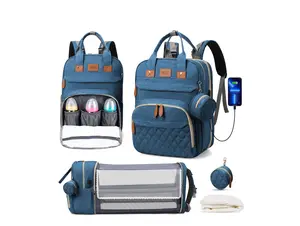 Diaper Bag Backpack, Multifunction Diaper Bag Backpack With Changing Station, USB Charging Port & Foldable Crib, Large Capacity Travel Backpack w/Sunshade&Pacifier Case&Stroller Straps