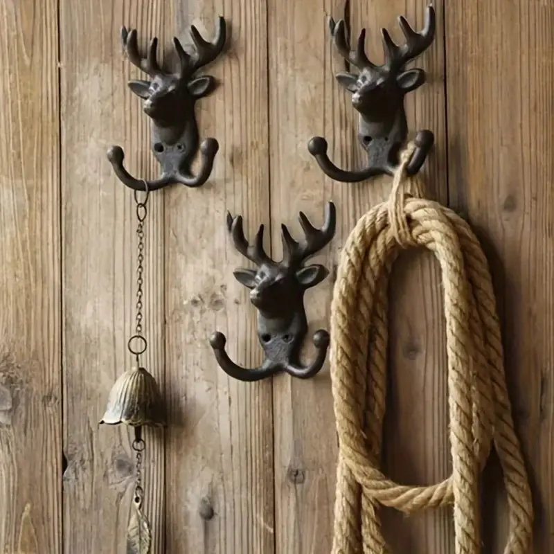 Vintage Cast Iron Deer Antler Wall Hook, Rustic Farmhouse Double Hook for Coats & Keys, Heavy-Duty Wall-Mounted Decor, Decorative Hooks, Country Style, Coat Hooks for Wall