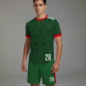 Mexico Style Soccer Jersey Set Men's Green Football Kit, Mayan Sun Stone Graphic 2-Piece Athletic Training Outfit S-XXL