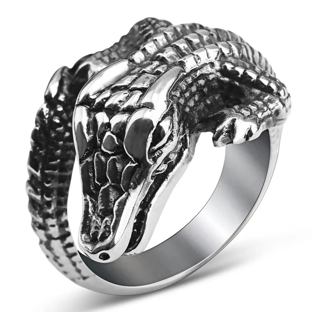 Men's Silver Crocodile Statement Ring, Stainless Steel Retro Hip-Hop Animal Jewelry for Parties, Domineering Style, Sizes 7-14, Male Fashion Accessory