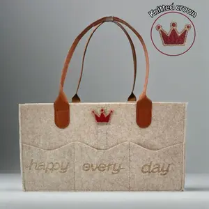 1 piece of felt mommy bag, bottle and diaper storage bag, handbag with various space designs, leather handles, font engraving, knitted embroidery pattern, Diaper Bag Tote