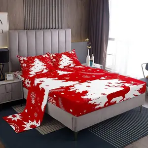 Christmas Bed Set,Snowflake House Decor Bedding Set,Deer Pattern Printed Decorative Bed Sheets Set,Tree Sheets with Deep Pocket Fitted Sheet