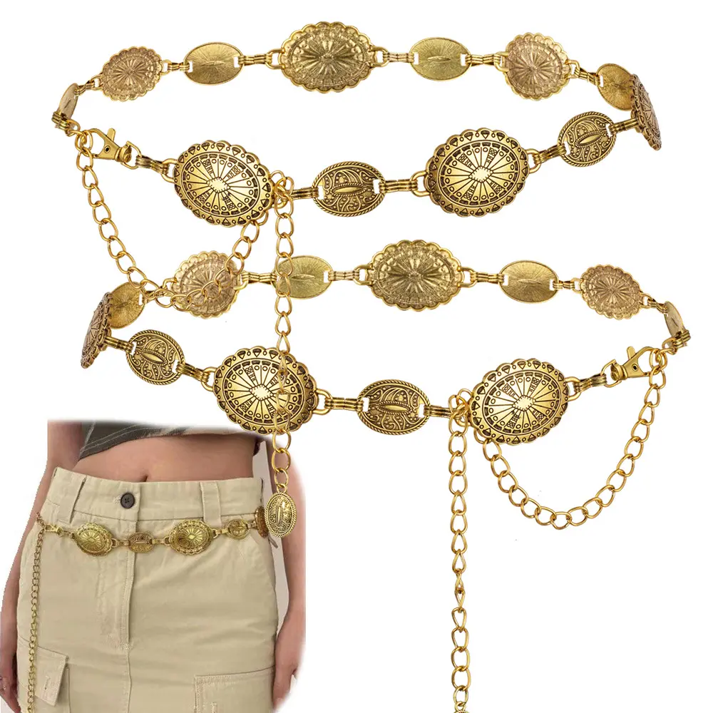 Women Concho Chain Waist Belt Silver Western Cowgirl Metal  display picture 3
