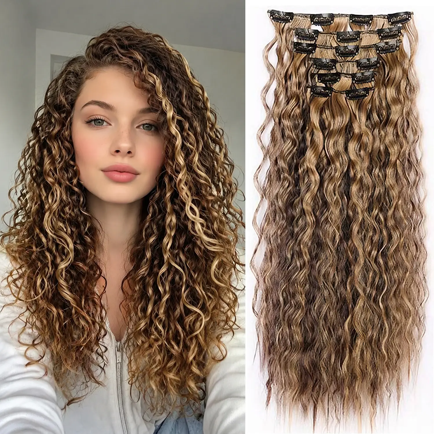 6PCS Clip in Hair Extensions 24inch Synthetic Long Curly Wavy Hair Pieces Black Hair Extensions Thick Deep Wave Hairpieces