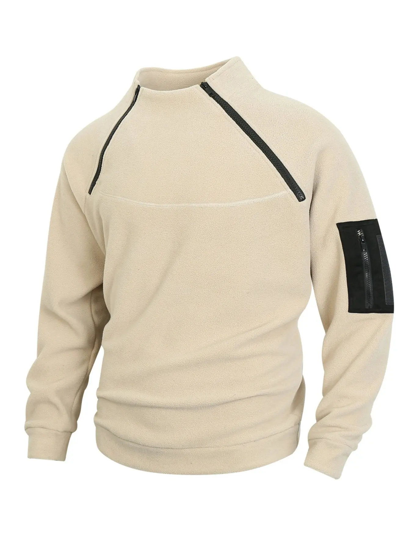Men's Tactical Wool Pullover, Stand Collar Shoulder Zipper Warm Top, Pocketed Cozy Casual Sweater, Ideal for Fall Winter Outdoor Activities