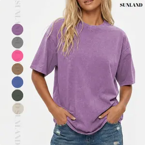 Sunland Women's Oversized Cotton Acid Wash Vintage T-shirt Chew Neck Short Sleeves Summer Top Casual Loose FIt Solid Streetwear Tees Basic Womenswear Women's shirts Good Vibes
