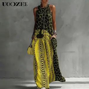 UOOZEE Women's Summer Bohemian Polyester-Spandex Art Print Sleeveless Maxi Dress, Milk Silk Big-Hem Flowy Long Dress with Pockets, Casual Festival Outdoor Sundress (Size Up for Full Bust)