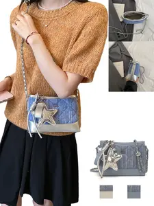 Sweet Cool Denim Patchwork Crossbody Bag, Lightweight 0.36kg, Soft Denim + PU Material, Star Charm, Silver Blue Color Options, Versatile Style