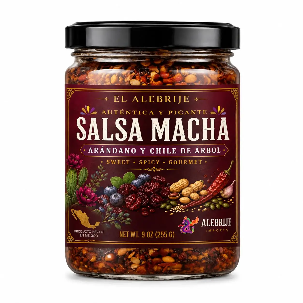 Alebrixes - Salsa Macha with Cranberry – Authentic Mexican Chili Oil with Árbol Chili and Cranberry – Hand Made Gourmet Salsa – Mexican Chili Crisp – 9 oz | Imported from Mexico