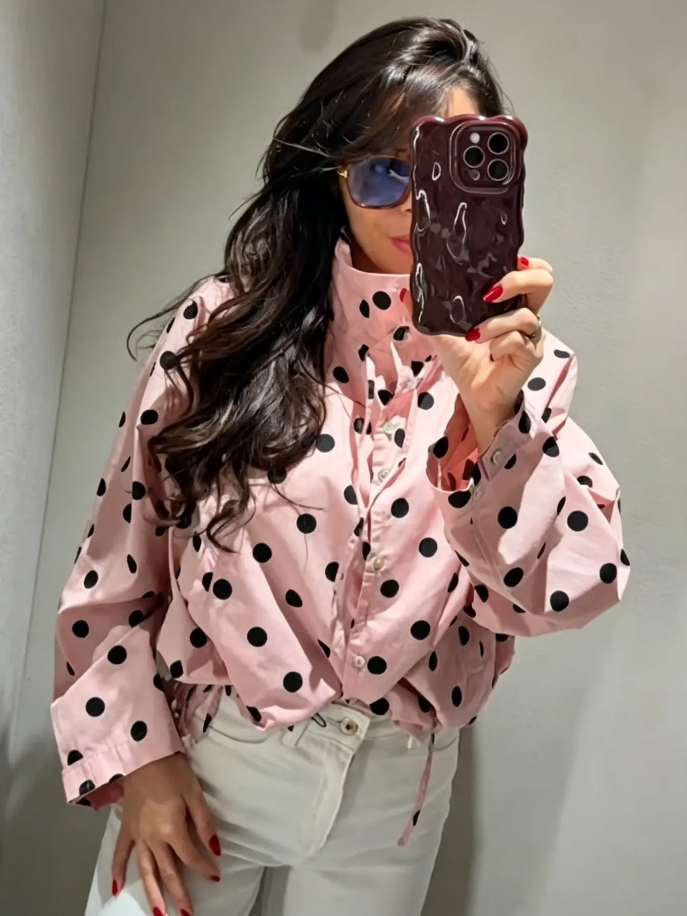 Pink Polka Dot Women's Jacket High Neck Demi-Season Long Sleeve Cropped Coat Sweet Lace Up Button Up Bomber Jackets For Woman Streetwear Casual Loose Spring Coat Windbreaker Jacket Womenswear