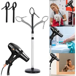 Hands-Free Adjustable Hair Dryer Stand, 360-Degree Rotating Blow Dryer Holder with 2 Collets, Holds Up to 0.5kg, for Bathroom Vanity Makeup Room, Easy Assembly