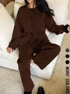 Women's Casual Knit Two-Piece Set, Long Sleeve Top & Pants, Fall Winter Warm, Fashionable Button Design, Comfortable Fit