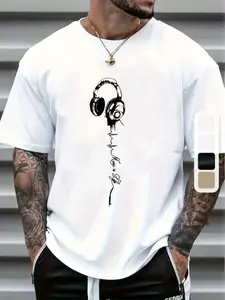 Men's Graphic Print Short Sleeve T-Shirt, Casual Fitted Top for All Seasons, Trendy Music Earphone Design, Fashionable Streetwear