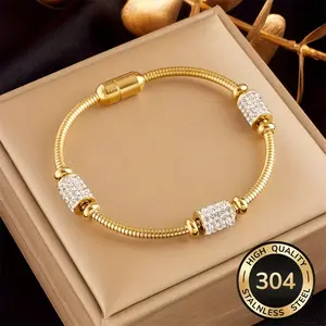 Women's 304 Stainless Steel Rhinestone Bracelet Sparkling Cubic-like Bling Golden-Tone Luxury Jewelry for Parties Birthdays & Casual Attire Durable Tarnish-Free Metal Bangle Affordable Rhinestone-Alternative Gift High Quality Bracelets For Women