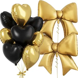Black Gold Heart Balloons, Foil Bow Balloons, 10Pcs 18 Inch Heart Shaped Balloon and 38 Inch Helium Gold and Black Bow Foil Balloon for Birthday Valentines Baby Shower Wedding Anniversary Decor Decoration Balloon Garland