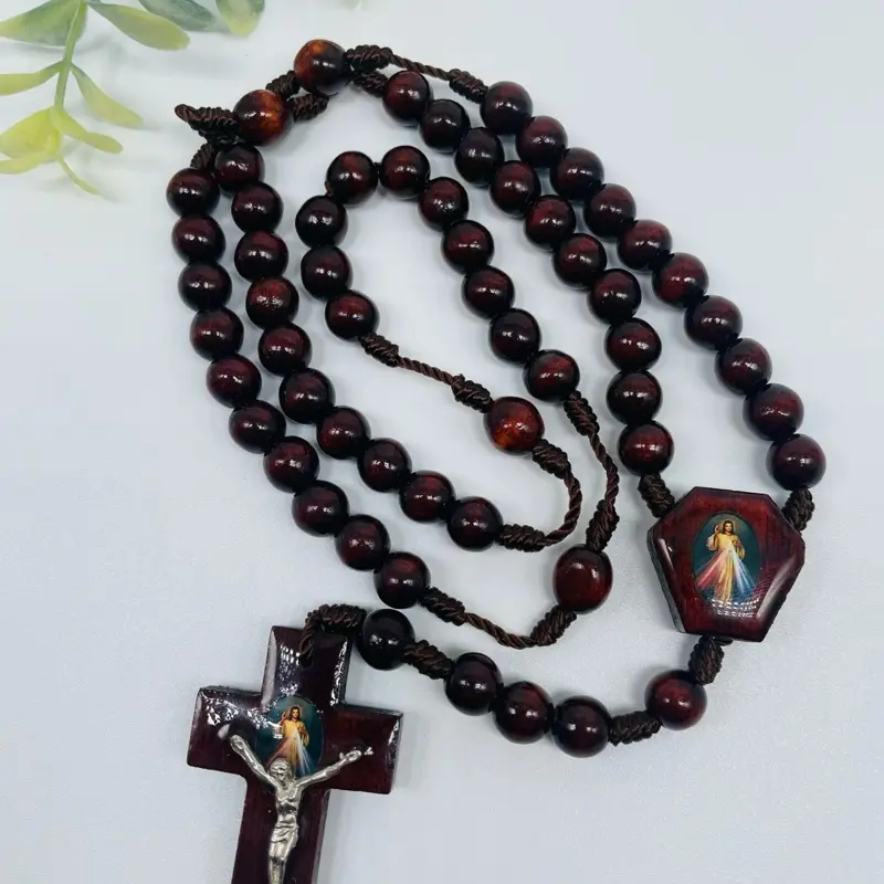 Handmade Catholic Wood Rosary Necklace with Jesus of Mercy Image Wooden Cross Pendant Religious Gift Unisex