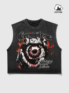 Men's Loose Short Tank Top, Gothic Eye Graphic Print, Casual, Washed Vintage Finish, High-Quality Cotton, Breathable Round Neck Sleeveless Muscle Vest