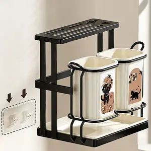 Carbon Steel Kitchen Utensil Rack with 2 Buckets, Wall-Mounted & Countertop Storage, Detachable Tray, Cute Cat Design, Durable
