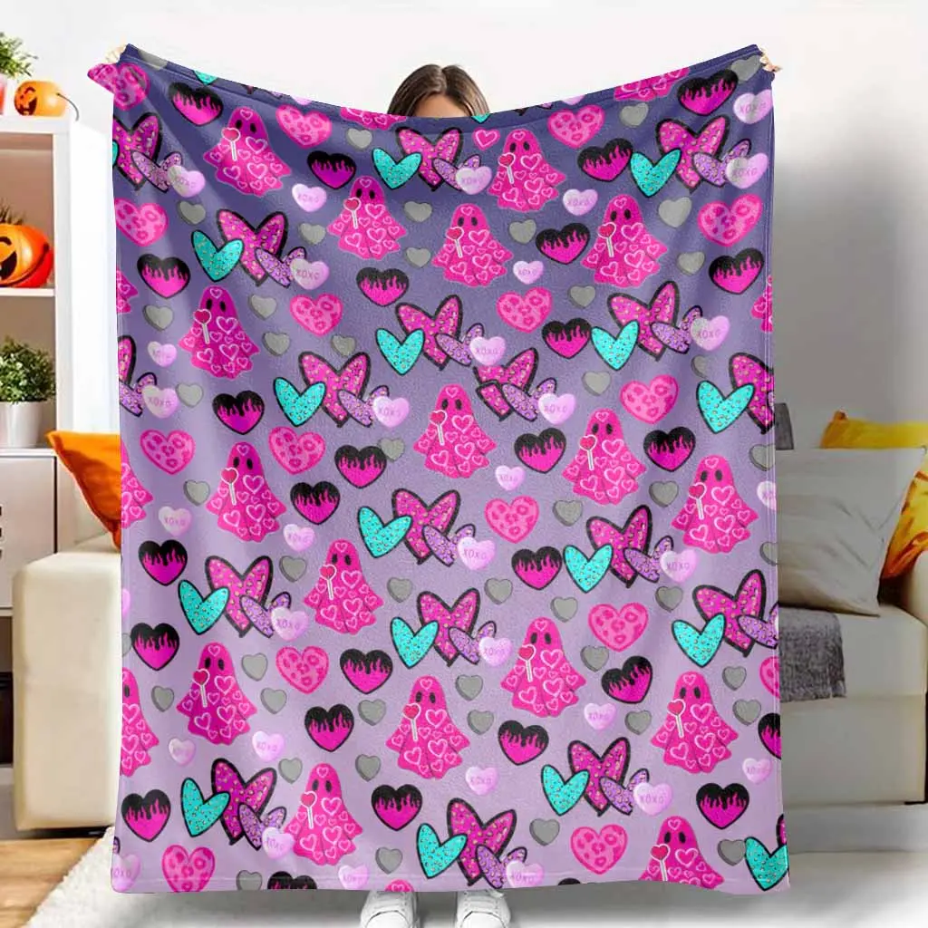 Pink Ghost Heart Flannel Throw Blanket with Leopard Print XOXO Elements Ultra Soft Cozy Plush Fabric Lightweight Warmth Perfect for Valentines Day Home Decor Couch Living Room Bedspread Nap Gifts