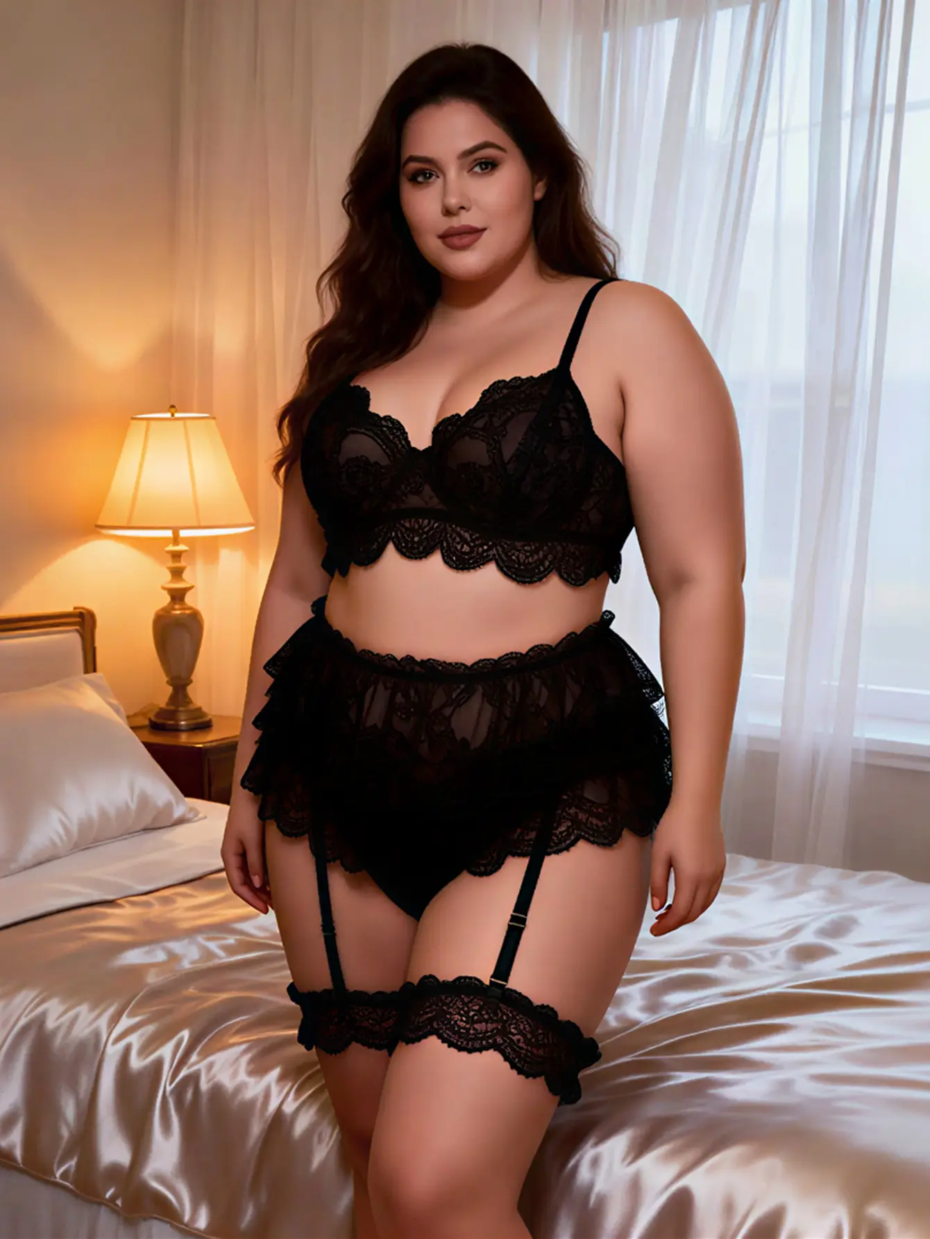 Plus Size Women's Sexy 5-Piece Baby Doll Lingerie Set - Polyester Underwire V-Neck Bra with Mesh, Corset Bikini, Adjustable-Strap Detachable Lace Thigh Garters, Multi-Function Floral Bodysuit