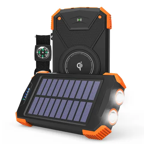 GOODaaa 10000mAh Solar Power Bank - Built-in Batteries, Qi Wireless Charging, Type-C Input/Output, 5V Output, Dual Bright Flashlights, Compass, Carabiner, Rugged Multifunctional Mobile Accessory for Smartphones