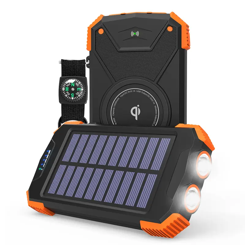 GOODaaa 10000mAh Solar Power Bank - Solar Power Banks with Built-in Batteries, Qi Wireless Charging, Type-C I/O, 5V Output, Multiple Ports, 50% Faster 2h Charge, Dual Bright Flashlights, Compass, Carabiner, Rugged Multifunctional Accessory for Smartphones