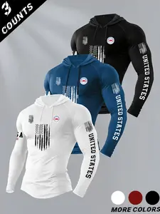 Men's Classic 3-Piece Set Letter Flag Print Hooded Long Sleeve T-Shirt, Casual Fitted Top for Fall & Winter Gym Wear, Athletic Wear, Athletic Style Activewear