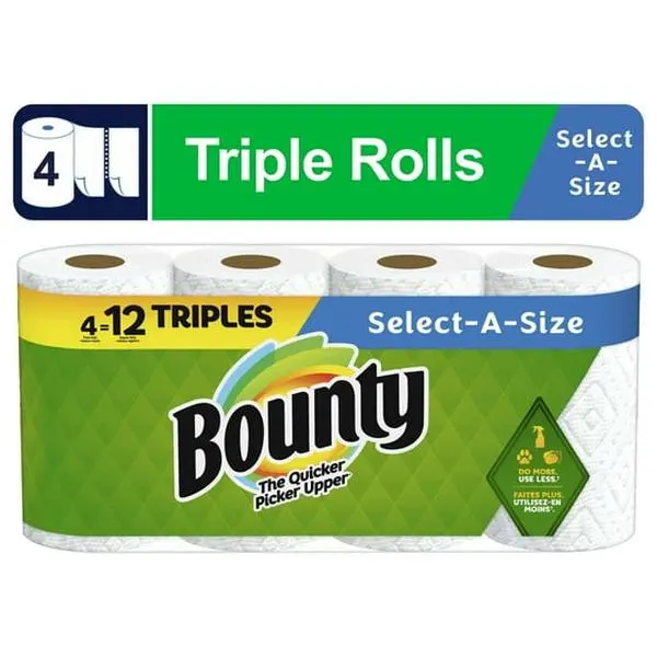 Bounty Select-A-Size Toilet Wipes, 4 Triple Rolls, 12 Triples Total, The Quicker Picker Upper