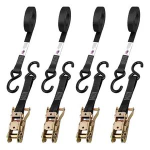 Heavy Duty Ratchet Strap 4PK Premium Tie Down Straps for Moving & Securing Cargo Coated Deep S-Hook Extra Safety Lockable Release Made in USA Black 8 FT