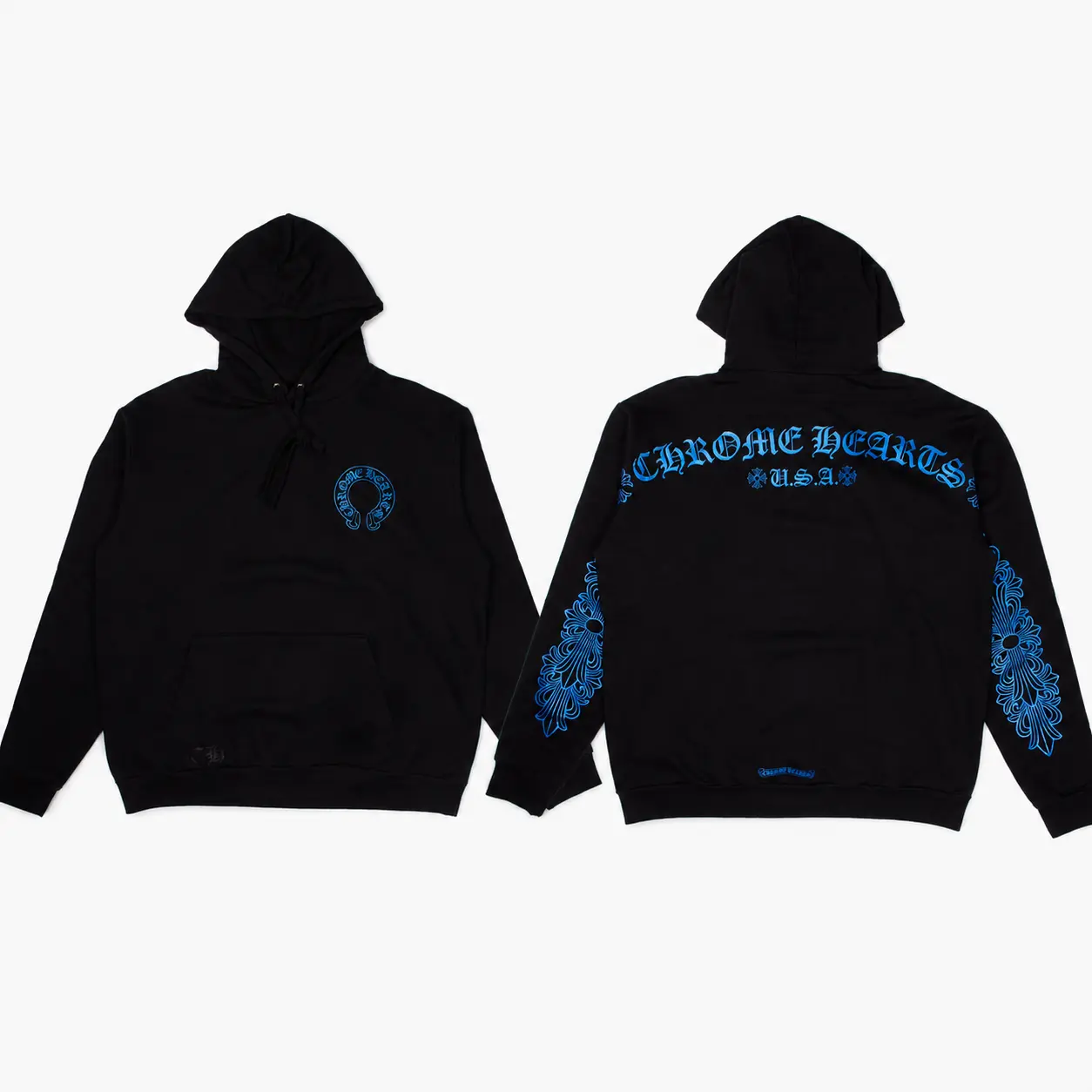 Gothic Horseshoe Graphic Hoodie, Old English Back Print Pullover, Ornamental Sleeve Streetwear Sweatshirt, Urban Graphic Gift