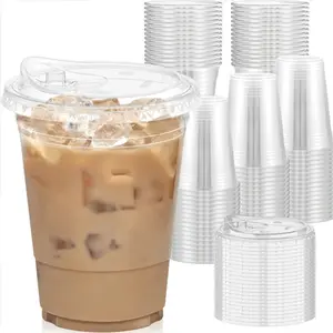 Disposable Cold Cups with Sip Lid, Food Grade Biodegradable PET Cups, Leak Proof Iced Drink Cups for Coffee Milk Tea Shop – For Café  Tea Home Party Gift