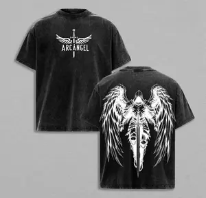 valentine shirts Arcangel Saint Michael T-Shirt Washed - Holy Warrior Angel Graphic Shirt, Sword and Wings Vintage Washed Top, Christian Gothic Streetwear Outfit Church - Gym Pump Cover Jesus Apparel