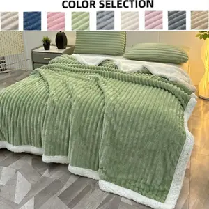 Premium Reversible Lamb Fleece Blanket, Queen Size, Solid Color Striped Pattern, Warm and Cozy, Ideal for Bedroom, Dorm, Car, Office, Soft Warm Blanket