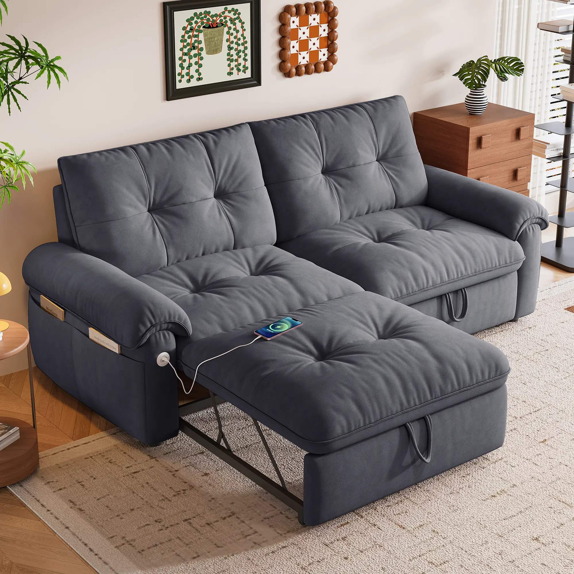 77" Minimalist Queen Sofa Bed - 2-Seat 2-in-1 Pull Out Sleeper Couch with USB Ports, Storage, Easy Setup, Space-Saving Loveseat for Apartment Movie Nights