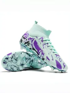 Parent-Child Teal-Purple Color-Block Professional Soccer Cleats, Breathable Wear-Resistant Upper with High-Traction Studs, Stylish Graffiti Design, Perfect for Youth Team Training and Parent-Child Soccer Games