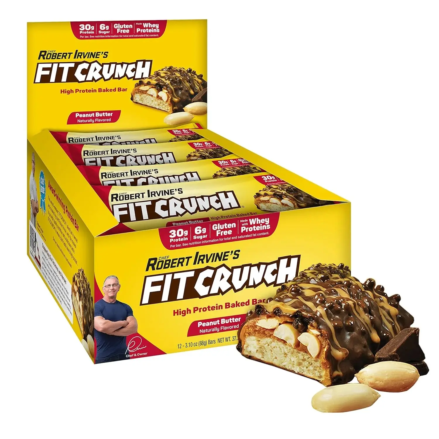 FITCRUNCH Full Size Healthy Protein Snack Bars, Designed by Robert Irvine, 6-Layer Baked, 6g Sugar, Gluten-Free, Soft Cake Core, Peanut Butter Flavor
