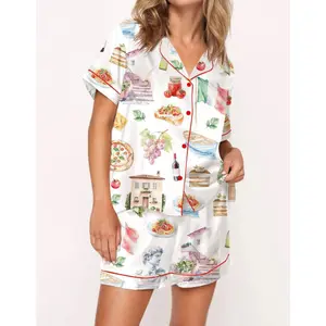 Italy Watercolor Silky Pajama Set For Women Elegant Travel Inspired Sleepwear Set, Women Italy Watercolor Pajama Set Soft Silky Lounge Set Travel Style Sleepwear