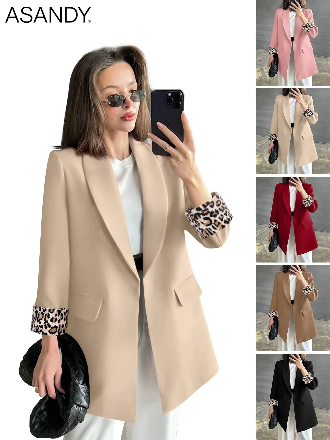 ASANDY Women's Blazer, Casual Open-Front Notch Lapel Jacket with Leopard Print Cuffs for Office, Workwear, Party