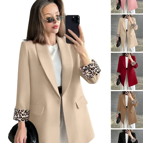 ASANDY Lady's Long Sleeve Blazer-Cardigan Hybrid, Chic Basic Open Front Outerwear with Leopard Print Cuffs, Comfortable Business Casual All-Season Office Workwear