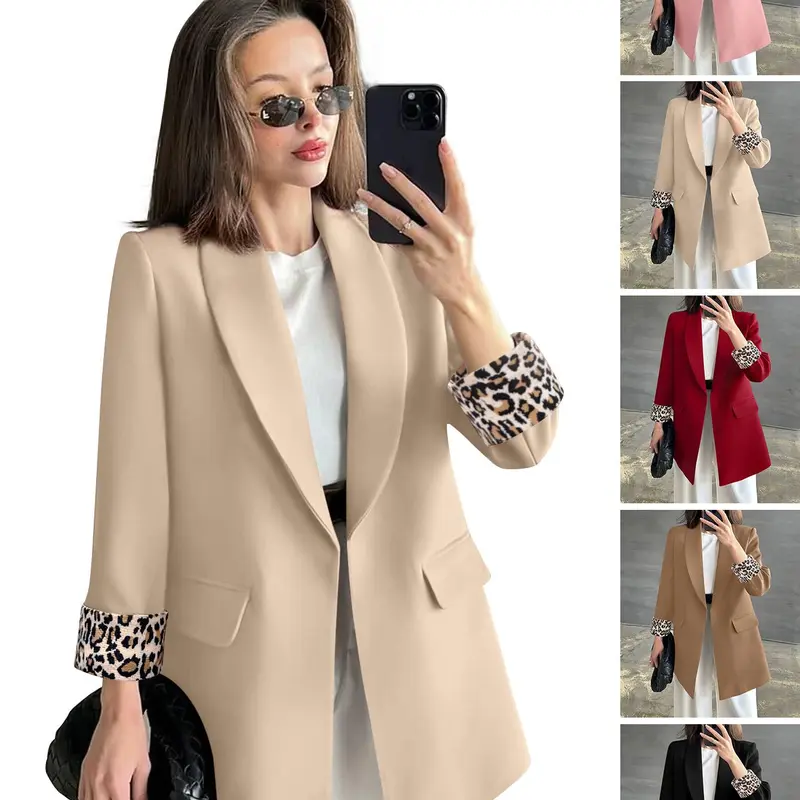 ASANDY Lady's Long Sleeve Blazer-Cardigan Hybrid, Chic Basic Open Front Outerwear with Leopard Print Cuffs, Comfortable Business Casual All-Season Office Workwear