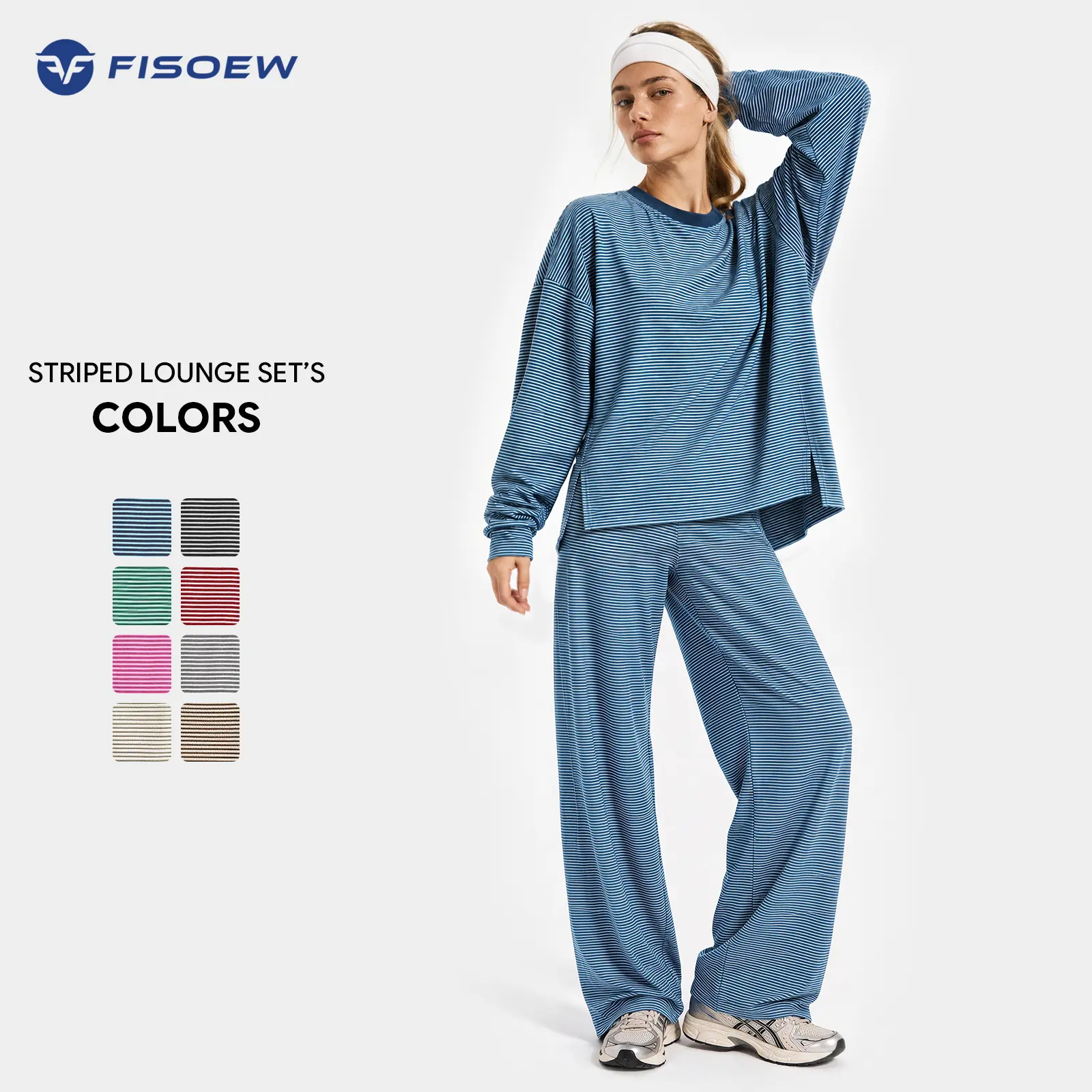 Fisoew Women's 2 Piece Striped Cotton Lounge Set Long Sleeve Round Neck High Waisted Wide Leg Pants Loose Oversized Soft Casual Everyday Style Fall 2026 Fashion Sleepwear SohoChic
