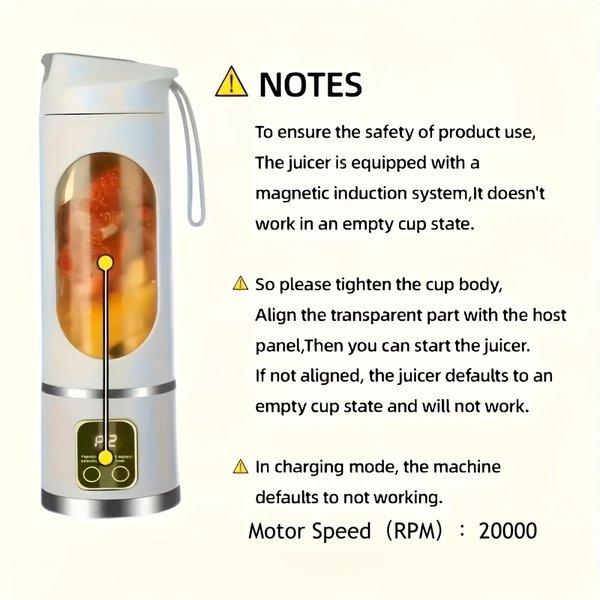 Portable USB Rechargeable Blender Juicer for Fruit Vegetable Drinks Milkshakes Easy Clean 10 to 17 oz Capacity Compact Travel Design